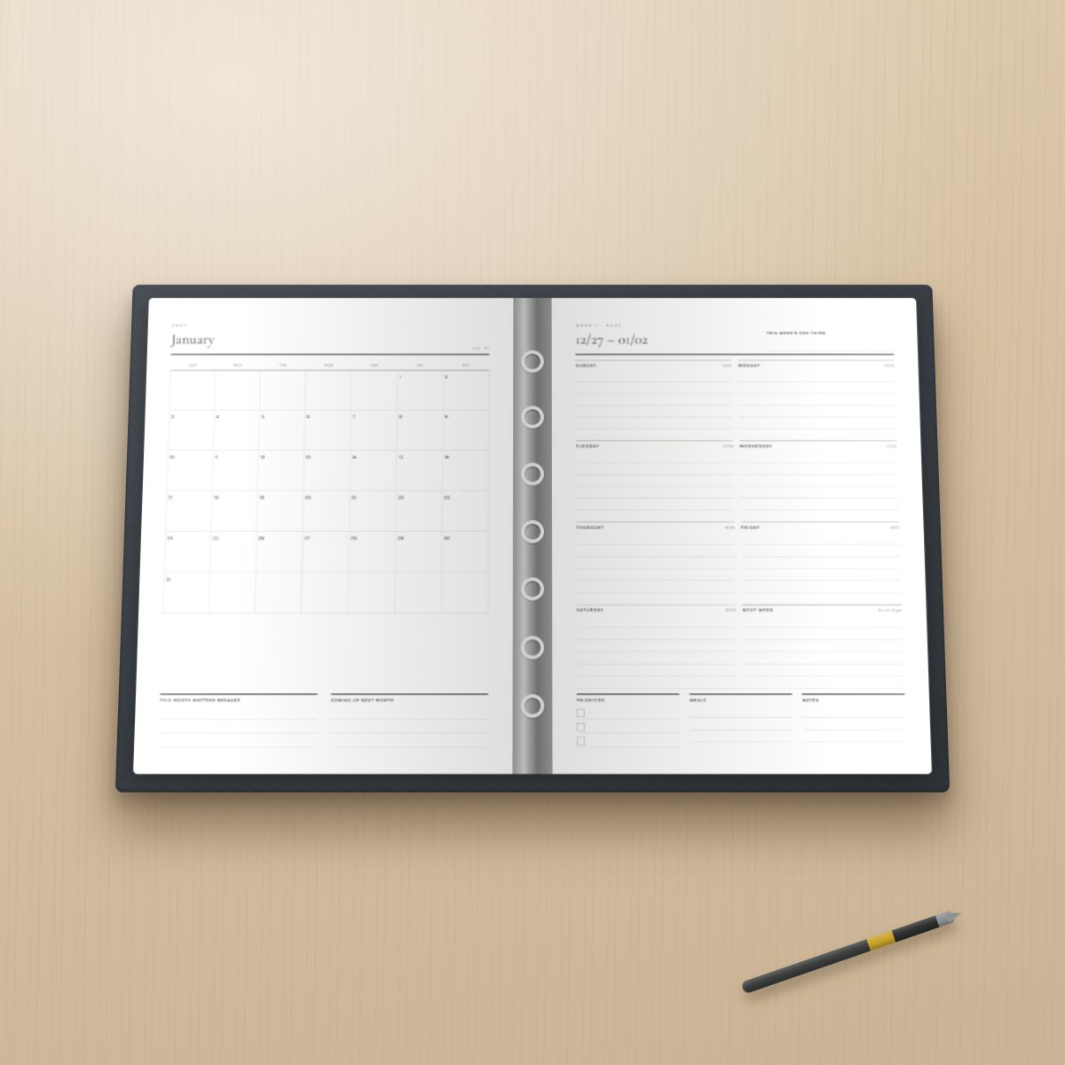 The planner printed and punched into a binder
