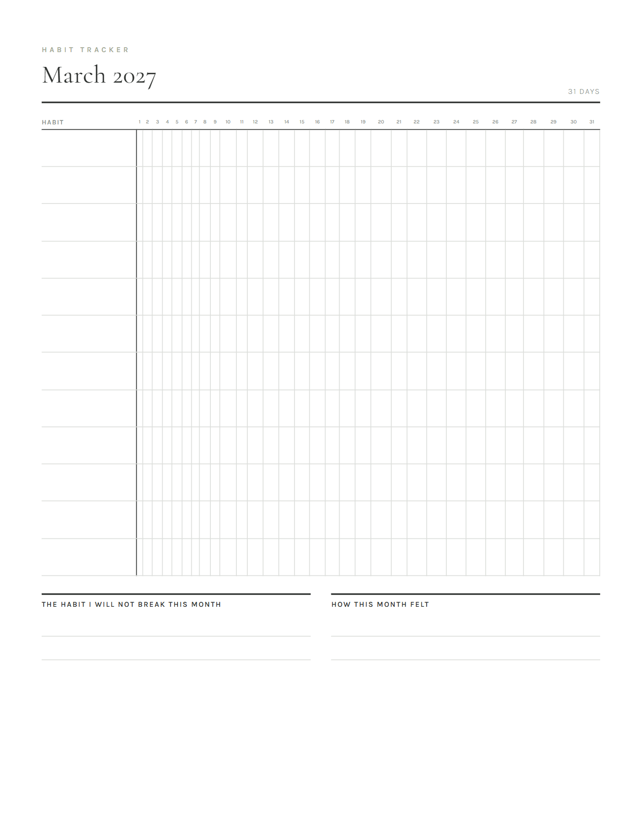 Monthly habit tracker grid