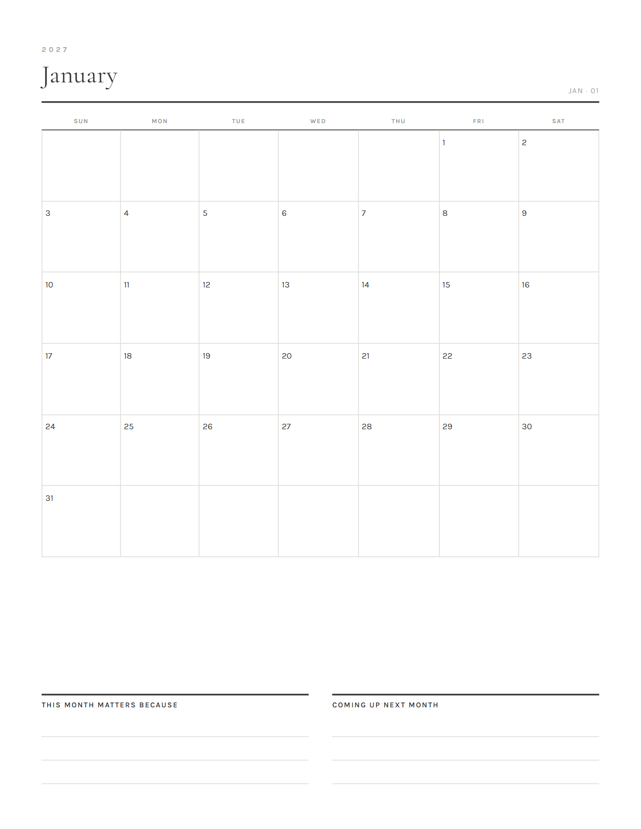 Dated monthly calendar