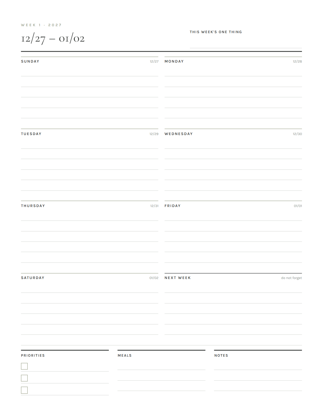 Dated weekly spread, Sunday start